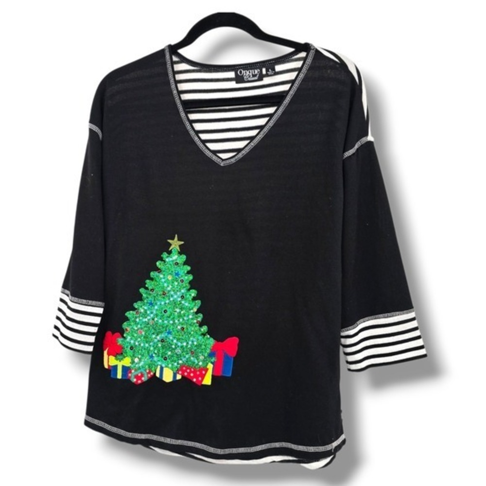Onque Casual Womens Black Striped Christmas Tree Sequin‎ Applique Top Large